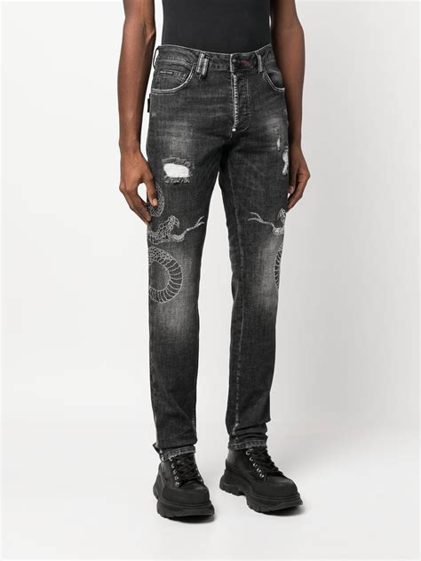 Philipp Plein Jeans Im Distressed Look Mit Schlangen In Grey ModeSens