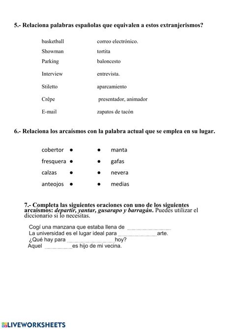 Ejercicio interactivo de Neologismos préstamos y arcaísmos Palabras