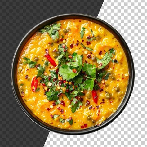 Creamy Yellow Lentil Soup Garnished With Chili And Fresh Herbs On