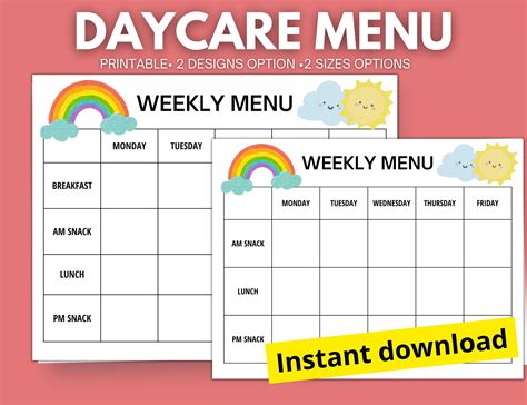 Daycare menu template printable editable weekly menu for daycare ...