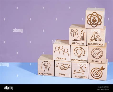 Core Corporate Values As Symbols On Wooden Cubes Stock Photo Alamy