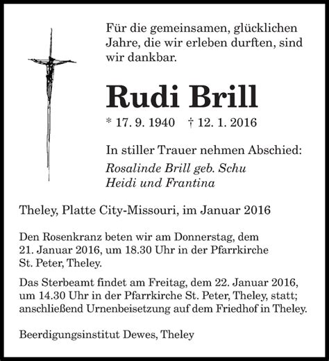 Traueranzeigen Von Rudi Brill Saarbruecker Zeitung Trauer De