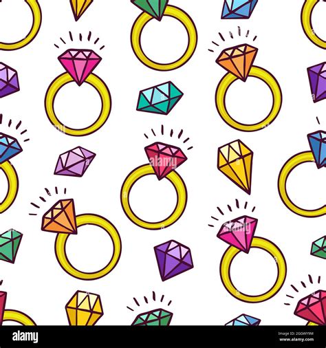 Cute Seamless Background Of Rings And Different Gems Hand Drawn