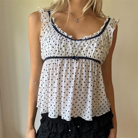 Y K Coquette White And Navy Polka Dot Mesh Babydoll Depop