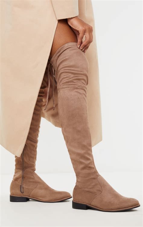 Taupe Flat Over The Knee Boot Shoes Prettylittlething