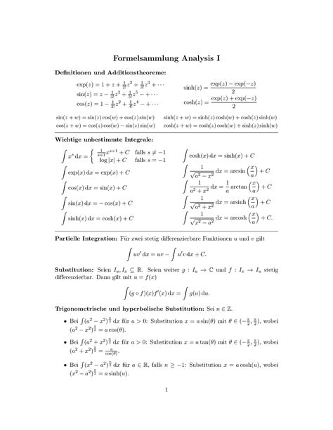 Formelsammlung Formelsammlung Analysis I Definitionen Und