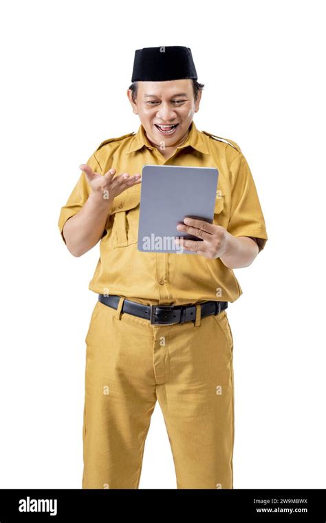 A Civil Servant Man Using A Tablet Isolated Over A White Background