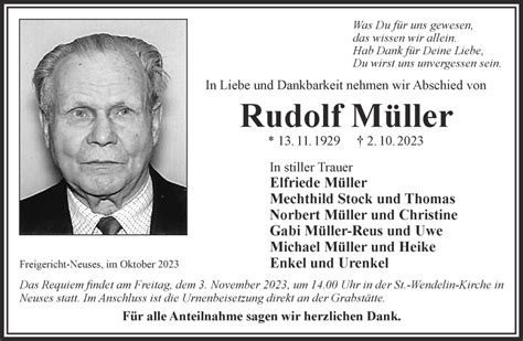 Traueranzeigen von Rudolf Müller trauer gnz de