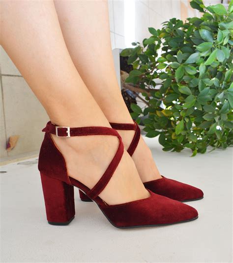 Dark Red Velvet Block Heels Burgundy Velvet Pumps Red Wedding Shoes Red