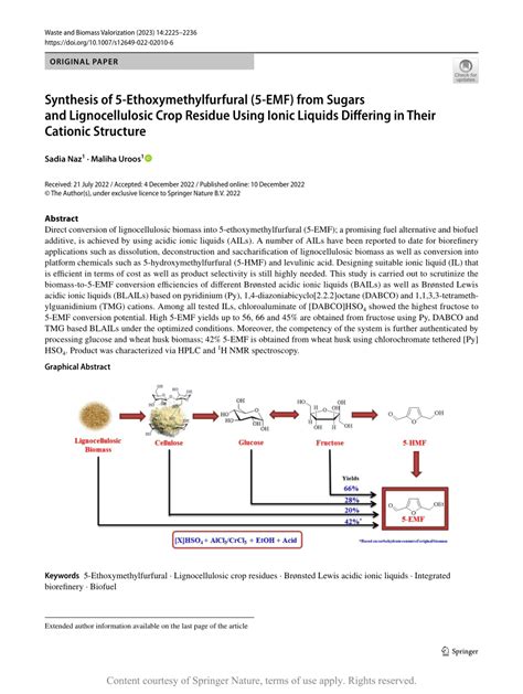 Synthesis Of 5 Ethoxymethylfurfural 5 EMF From Sugars And