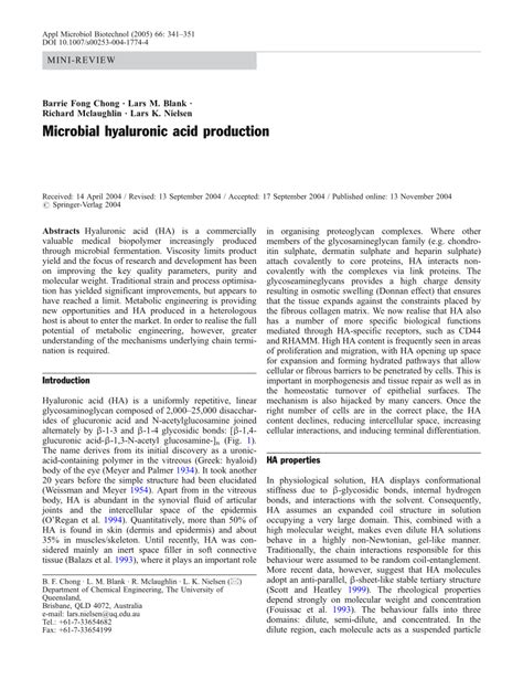 Pdf Microbial Hyaluronic Acid Production