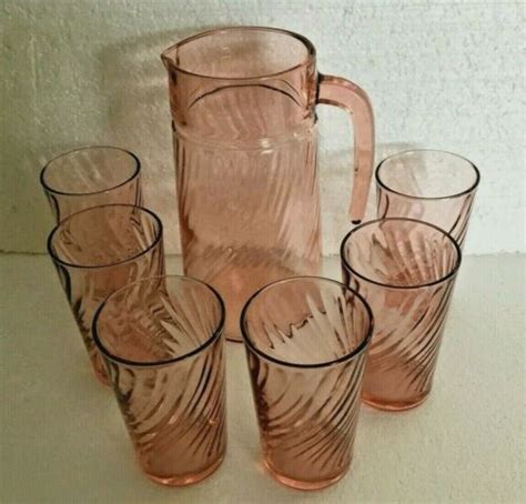 Vintage Pink Swirl Depression Glass Arcoroc France Pitcher And 6 Tumblers Mint Antique Price