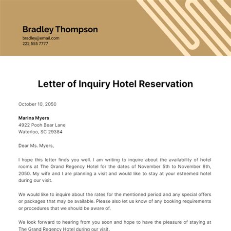 Free Letter Of Inquiry Hotel Reservation Template Edit Online