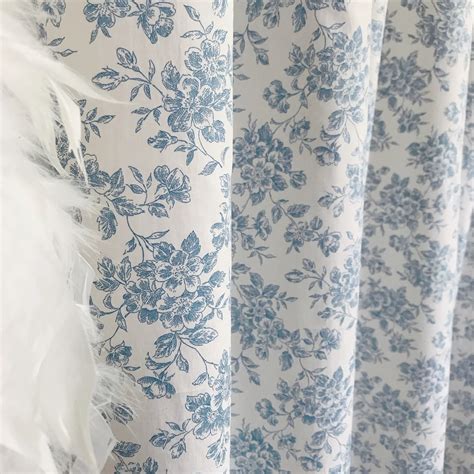 Modern Vintage Blue Floral Pattern Soft Cotton Curtain Ivory Background