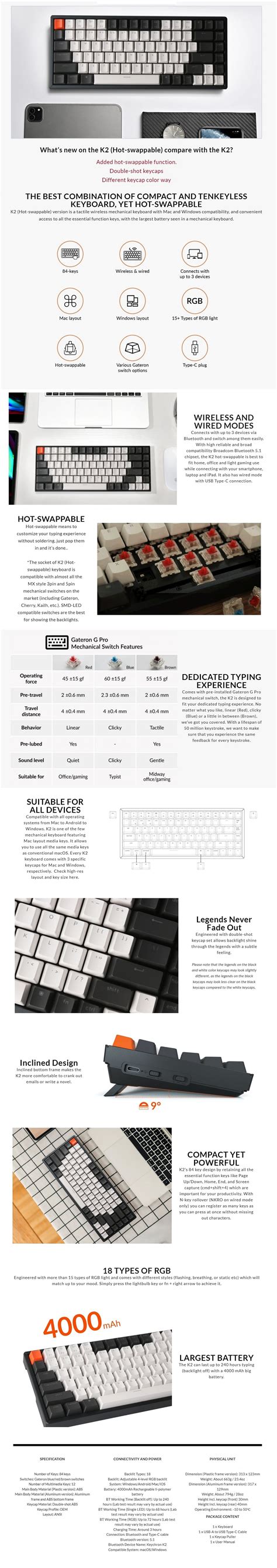 Keychron K2v2 Hot Swappable Bluetooth White Backlight Mechanical Keyboard Red Switch