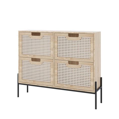 Shoe Cabinet Natural Rattan 4 Flip Door Shoe Cabinet Organizer