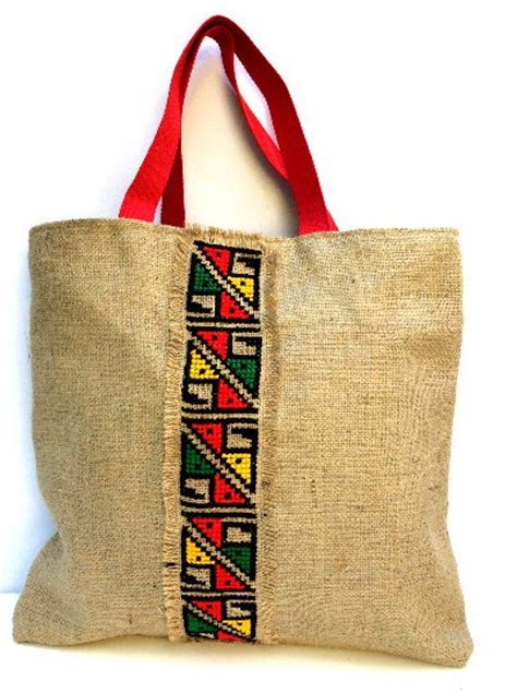 Tribal Hand Embroidered Jute Tote Bag Boho Style Completely Handmade