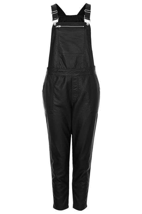 Lyst - Topshop Petite Leather Look Dungaree in Black