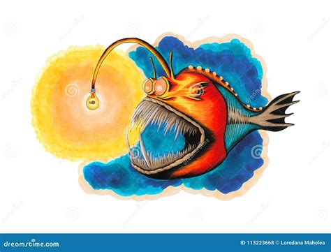 Colorful Anglerfish With Golden Fish Inside Light Bulb Stock