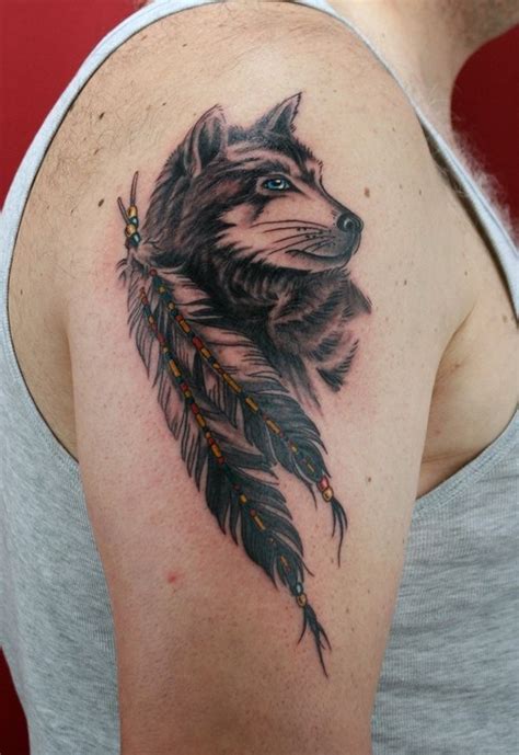 American Indian native wolf and bunch of feather slightly colored ...