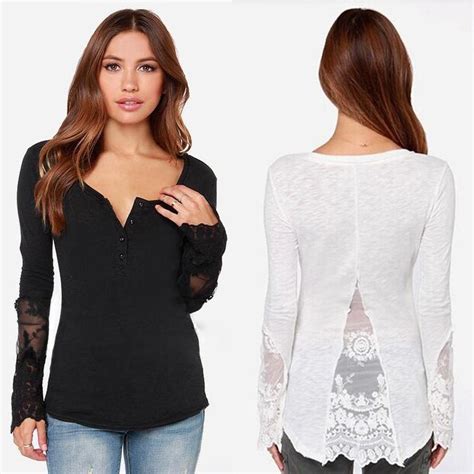 Hanyu Women Fashion Sexy V Neck Patchwork Lace Long Sleeve Blouse Uygun