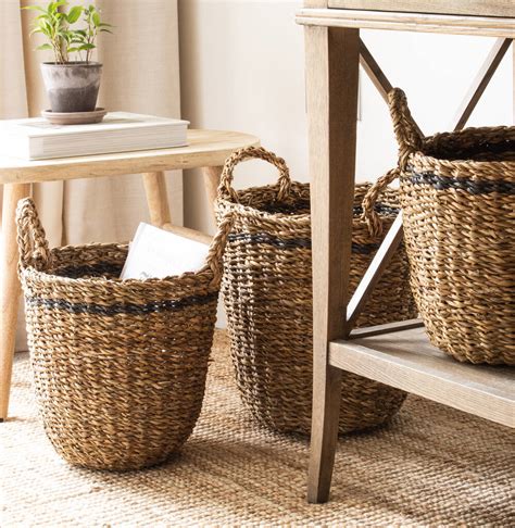 Round Seagrass Basket With Charcoal Stripe By Marquis And Dawe