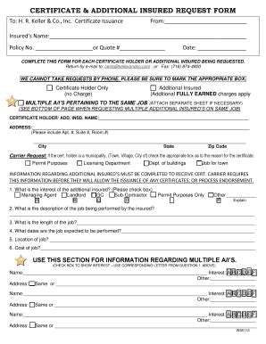 Certificate Additional Insured Request Form HR Keller Co Fill