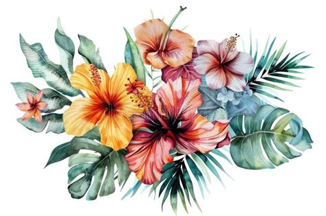 Colorful Tropical Flowers And Leaves Arrangement Ideal For Tropical