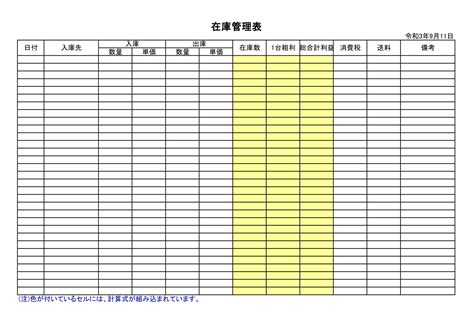 在庫管理表のテンプレート・例文：excel（エクセル） テンプレート・フリーbiz