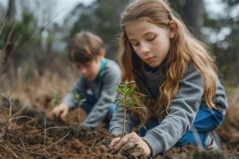 Kids Planting Trees Long Shot Premium Ai Generated Image