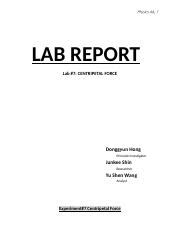 Physics A Lab Centripetal Force Donggyun Hong Junkee Shin Yu Shen