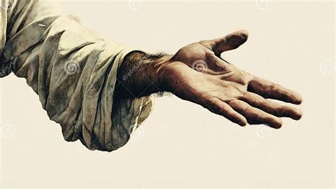 Jesus Christ Reaching Out His Hand Isolated On Cream White Background