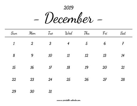 December Calendar 2019 Printable A Printable Calendar