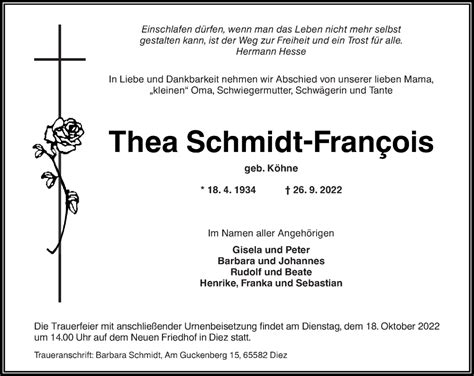 Traueranzeigen Von Thea Schmidt Francois Rz Trauer De