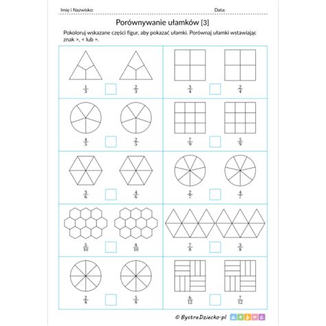 Porównywanie Ułamków Zwykłych Schematy Graficzne Karty Pracy Dla