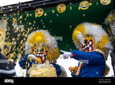 Waggis Costume Inside A Parade Float Throwing Confetti At The Basel