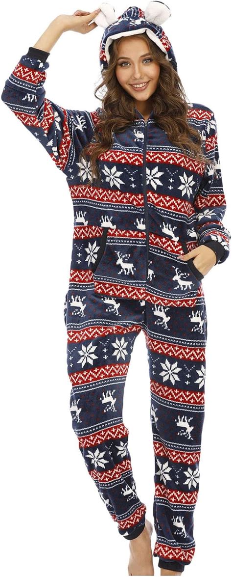 Fleece Weihnachts Jumpsuit Einteiler Damen Schlafanzug Warm Winter