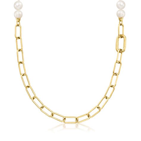 8 85mm Cultured Pearl And Paper Clip Link Necklace In 18kt Gold Over Sterling Ross Simons