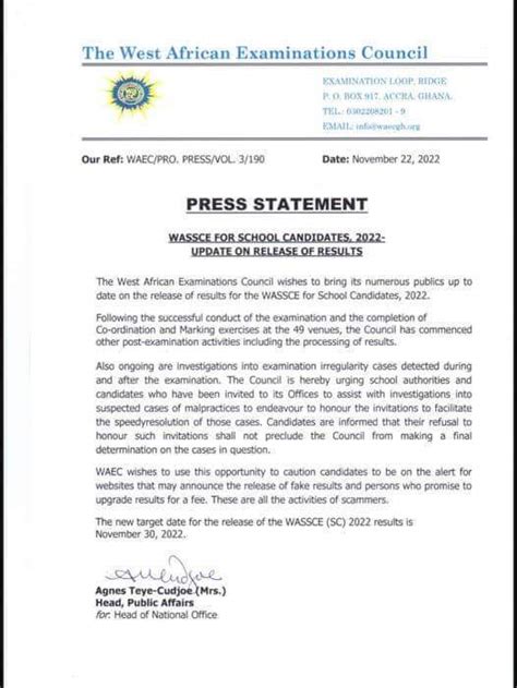 WAEC Announced The Releasing Of The 2022 WASSCE Results And BEC