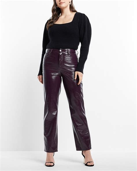 Express Super High Waisted Faux Patent Leather Modern Straight Pant In Dark Pu Express Style