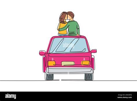 Single Continuous Line Drawing Two Happy Lovers Sitting On Roof Of Car