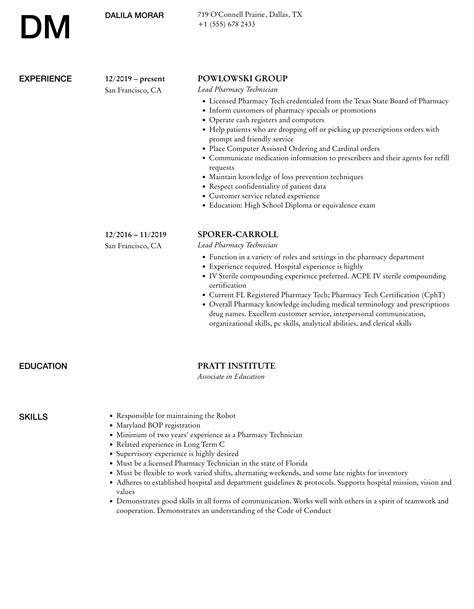 Lead Pharmacy Technician Resume Samples Velvet Jobs