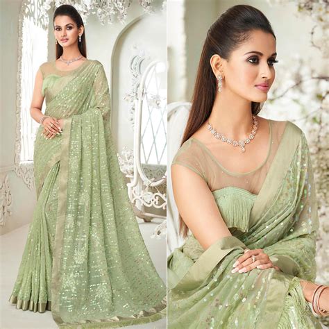 Pista Green Sequins Embroidered Georgette Saree With Tassels