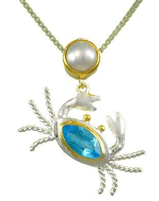 Sterling Silver Crab Pendant With Blue Topaz Pearl And 22K Gold