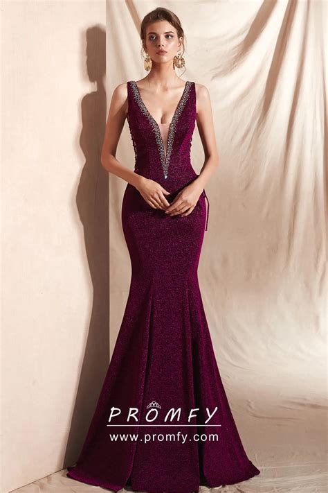 Shimmering Glitter Plunging V Neck Mermaid Prom Dress Promfy