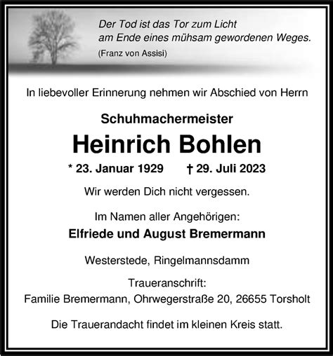 Traueranzeigen Von Heinrich Bohlen Nordwest Trauer De