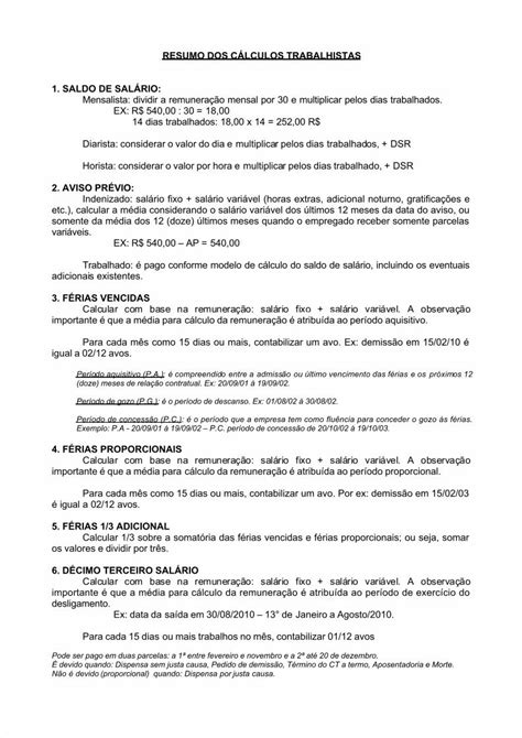 PDF Resumo Dos Calculos Trabalhista DOKUMEN TIPS