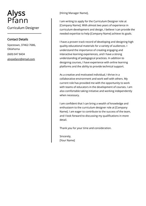 Curriculum Designer Cover Letter Example Free Guide