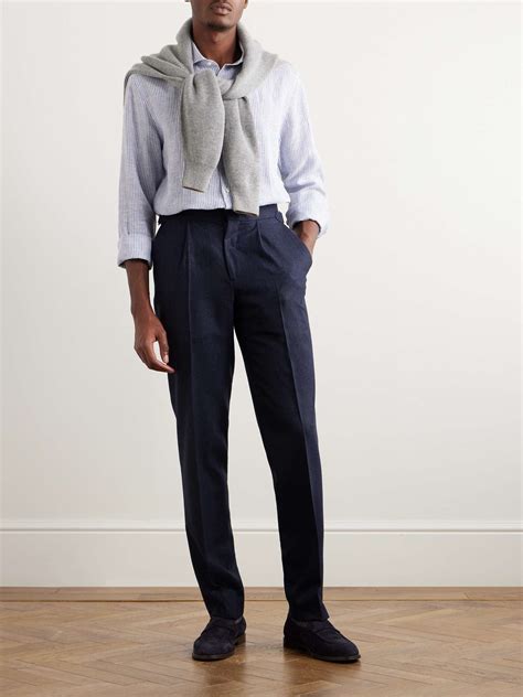 THOM SWEENEY Slim Fit Straight Leg Pleated Cotton Blend Trousers For