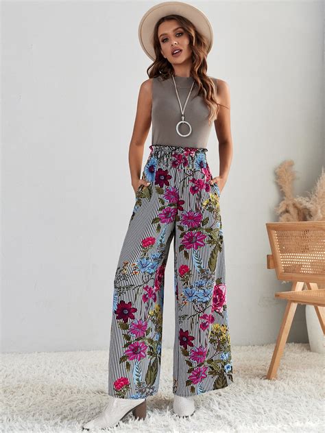 Shein Vcay Striped Floral Print Paperbag Waist Wide Leg Pants Shein Usa